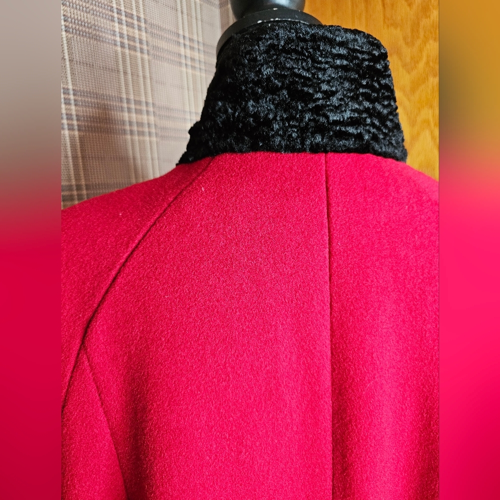 Leslie Fay Wool Red Dress Coat with Black Shearling Collar